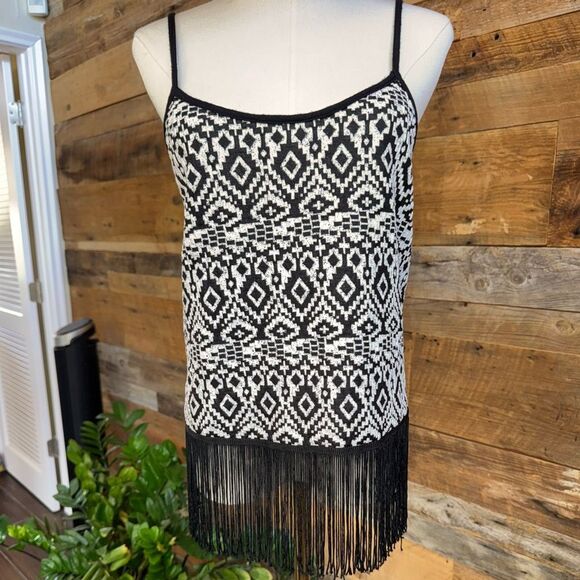 Freeway Black & White Tribal Fringe Tank Top Boho Festival Style sz M - Picture 4 of 13